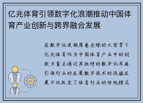 亿兆体育引领数字化浪潮推动中国体育产业创新与跨界融合发展